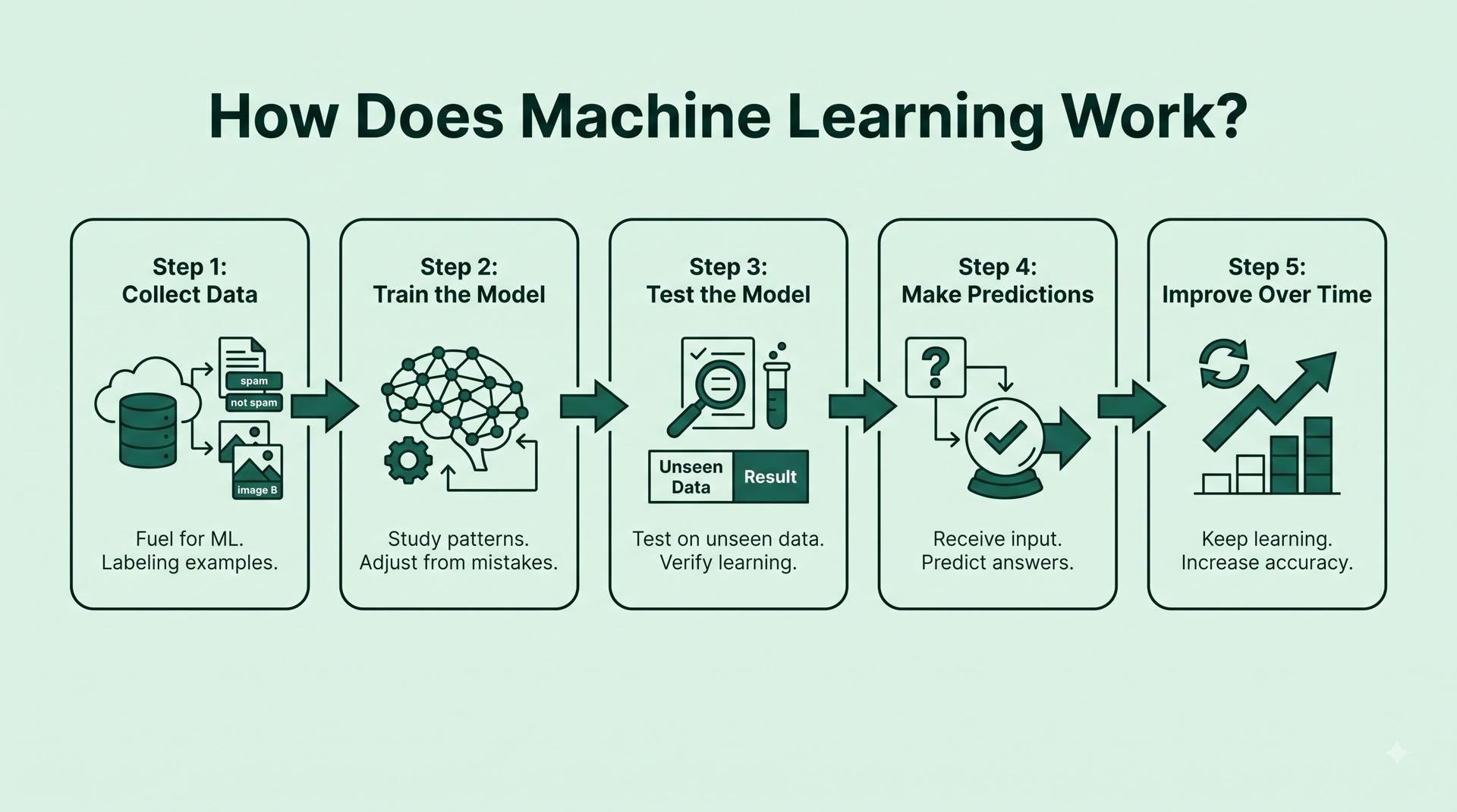 Machine Learning workflow showing data collection, training, testing, prediction, and improvement