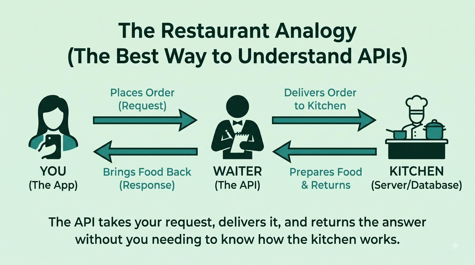 API explained using restaurant analogy - customer, waiter (API), and kitchen (server)
